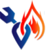 Blue wrench and red-orange flame logo on a white background