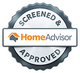 HomeAdvisor screened and approved badge in gray and white with orange house logo