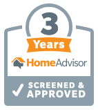 HomeAdvisor badge reading “3 Years,” “Screened & Approved,” in gray, orange, and white.