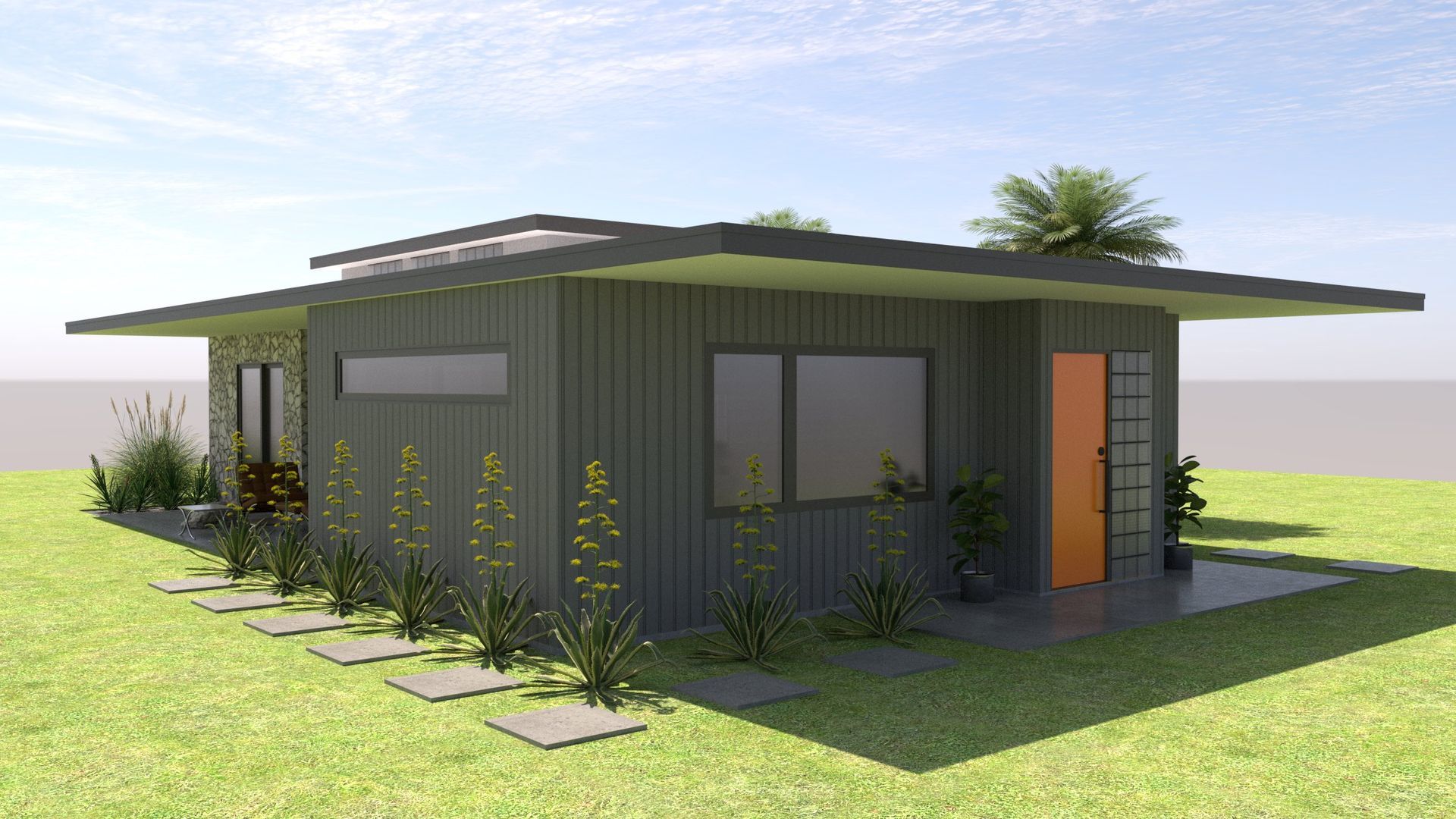Modern wooden tiny house with large glass doors in a sunny garden