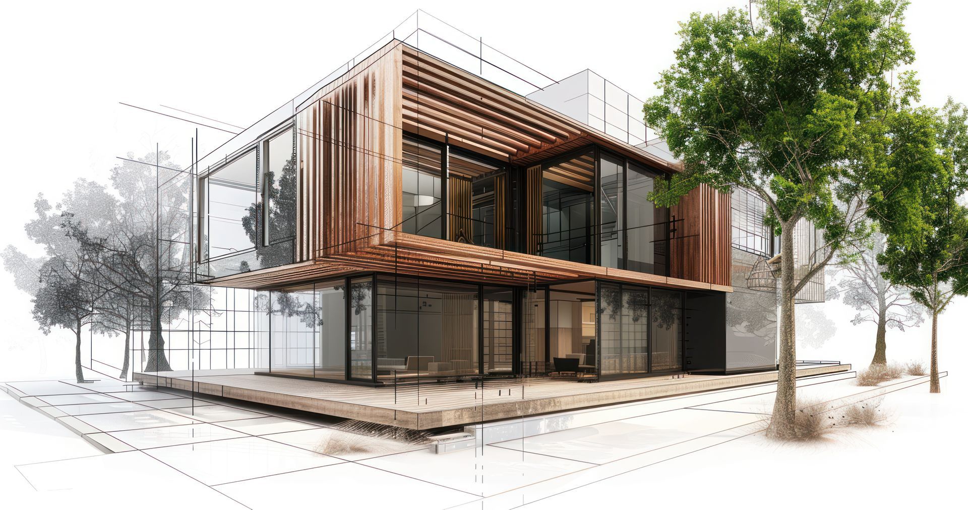 Modern two-story house with glass walls, wood balconies, and surrounding trees in a minimalist sketch