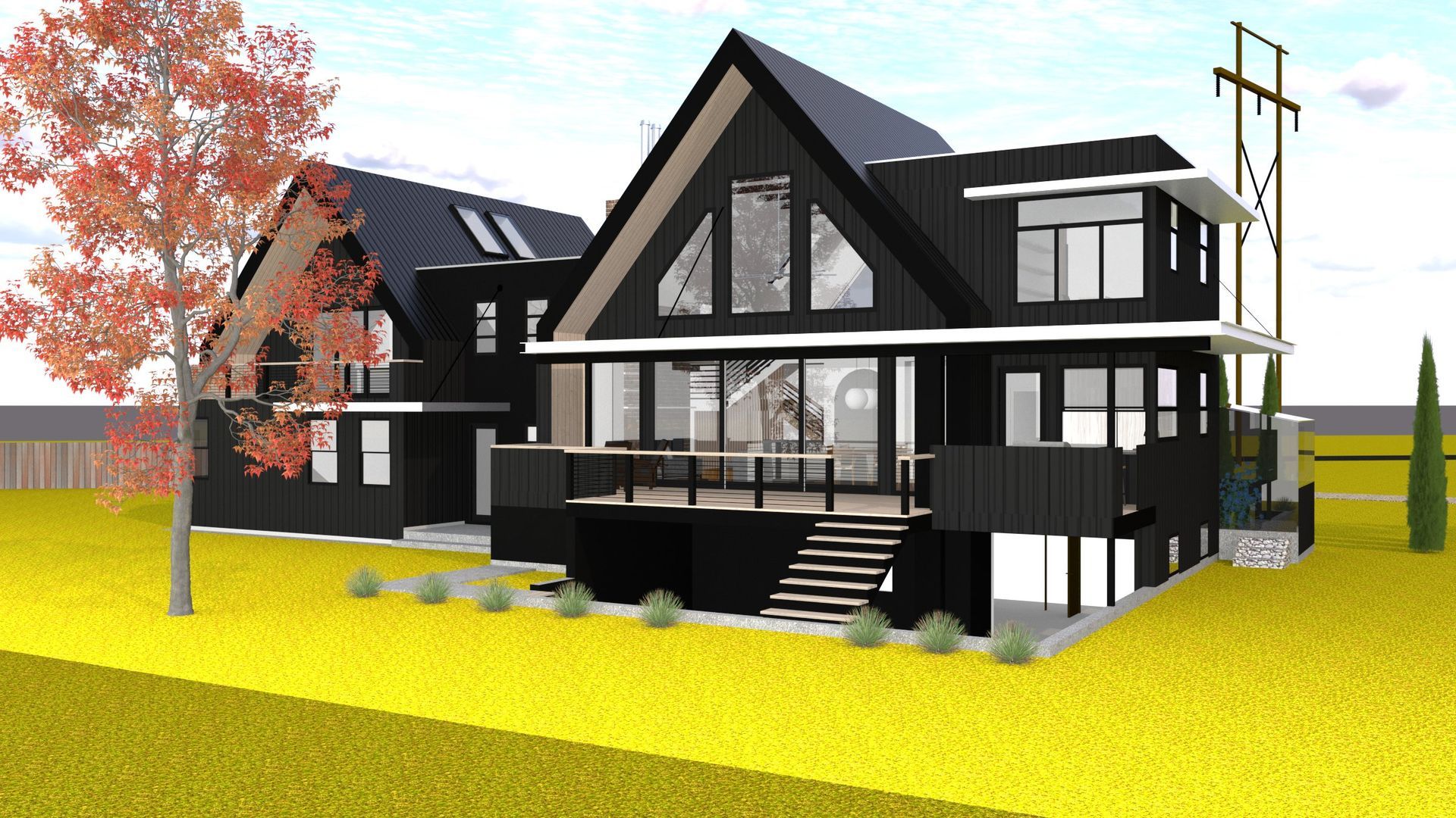 Modern black-and-white house with steep roofs, front steps, and a red tree on a bright yellow lawn.