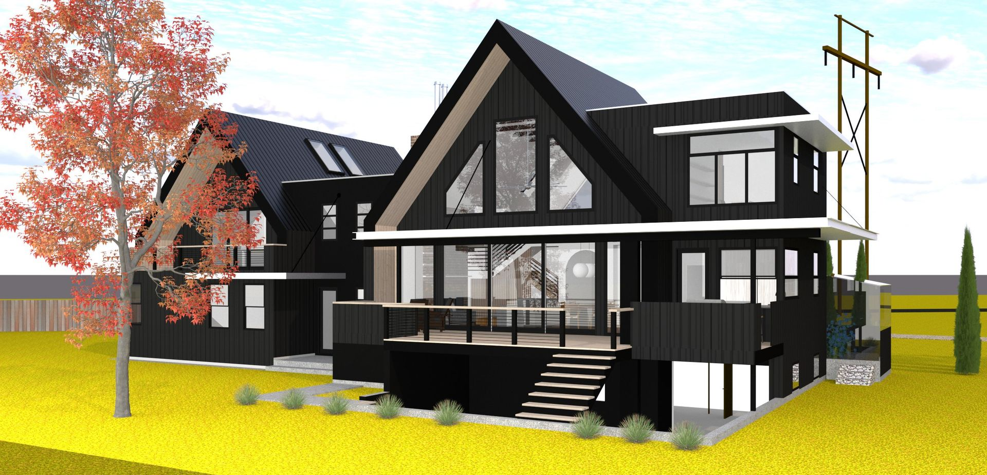 A modern A-frame house with a steep brown roof and large glass windows in a green grassy yard.