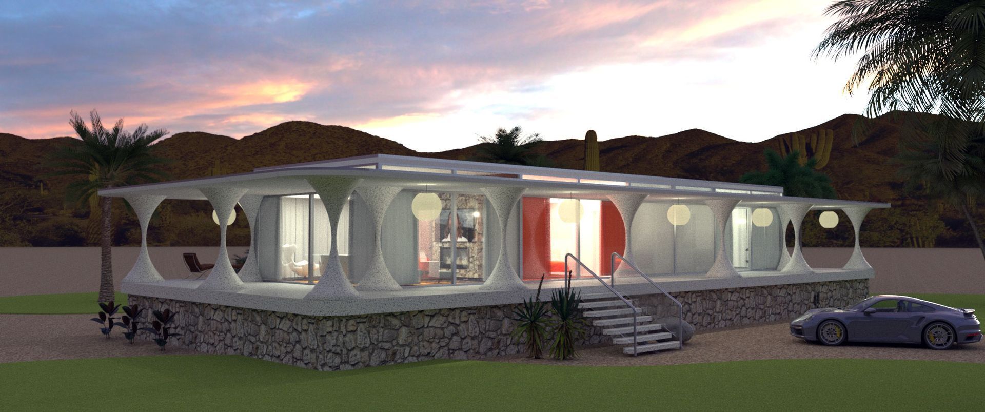Modern house design sketch overlaid on a completed concrete home at dusk with warm interior lights