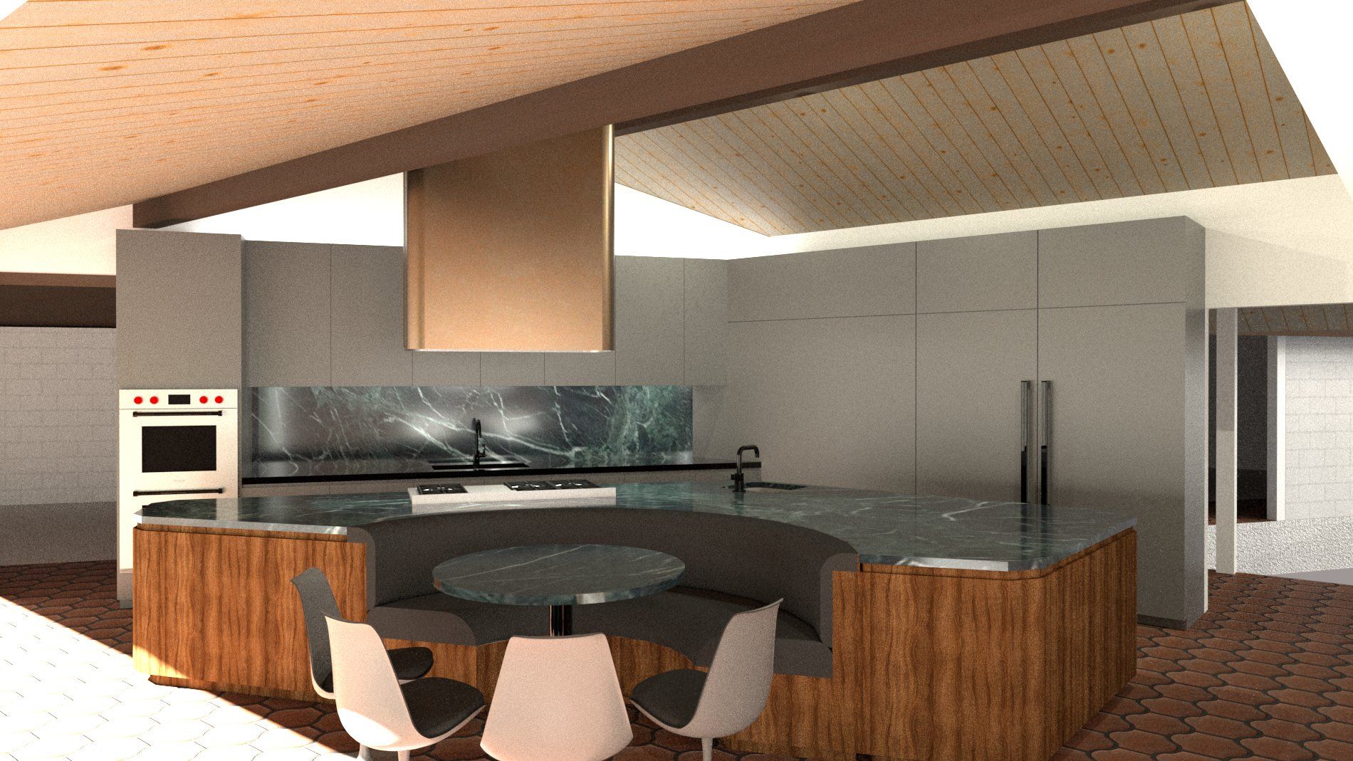Modern kitchen with wood cabinets, concrete island, pendant lights, and large windows admitting natural light