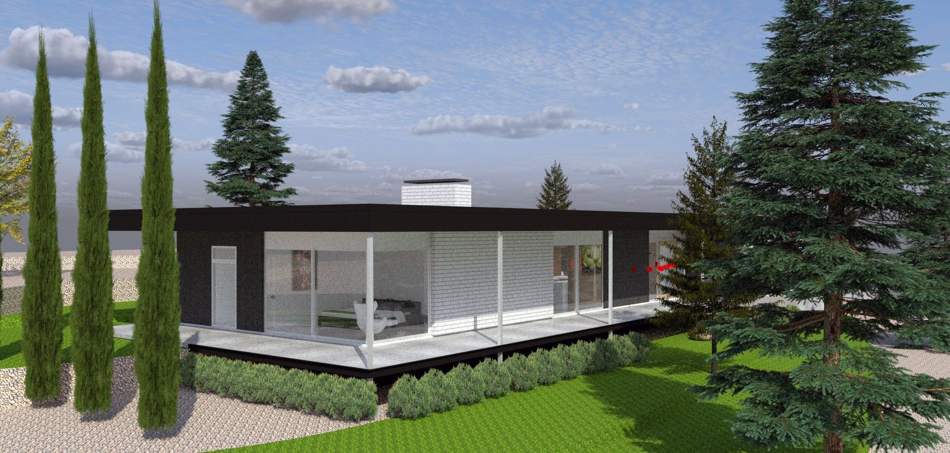 Modern single-story house with large windows, flat roof, and landscaped garden
