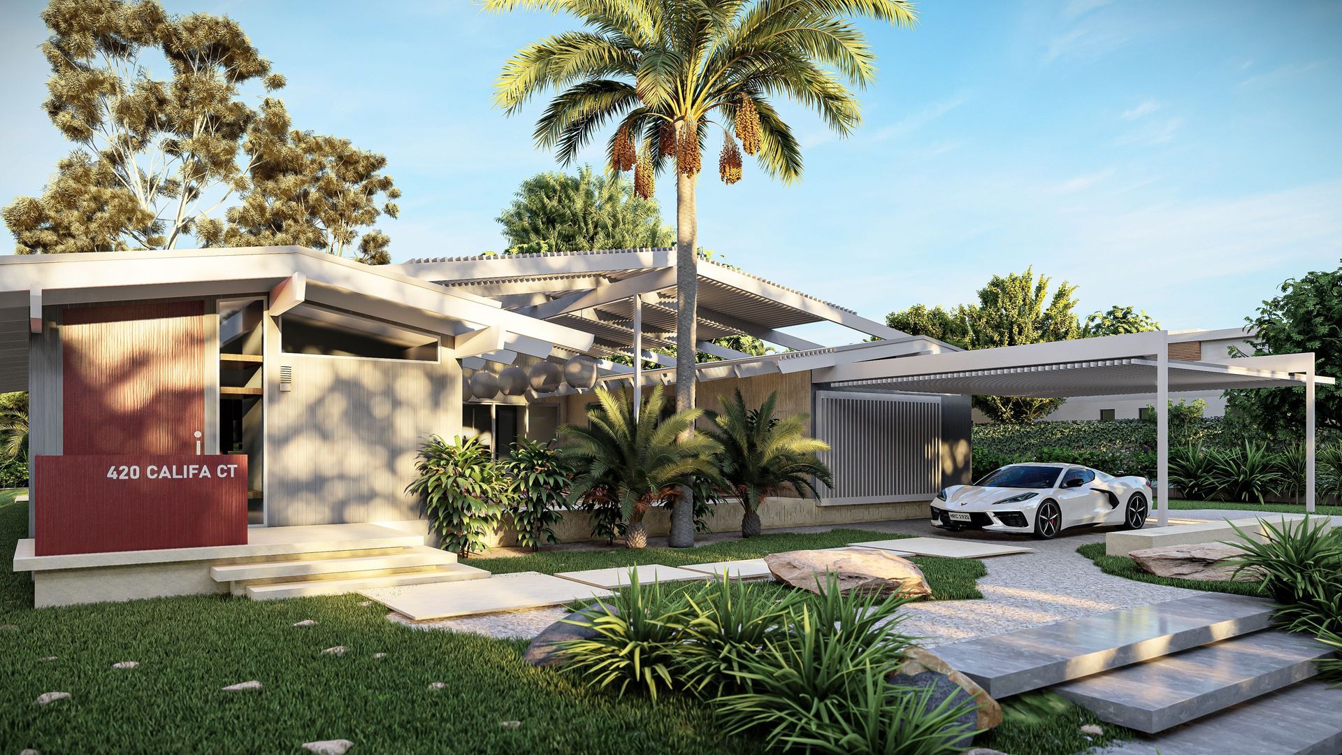 Modern single-story house with tropical landscaping, palm trees, and a carport with a white car.