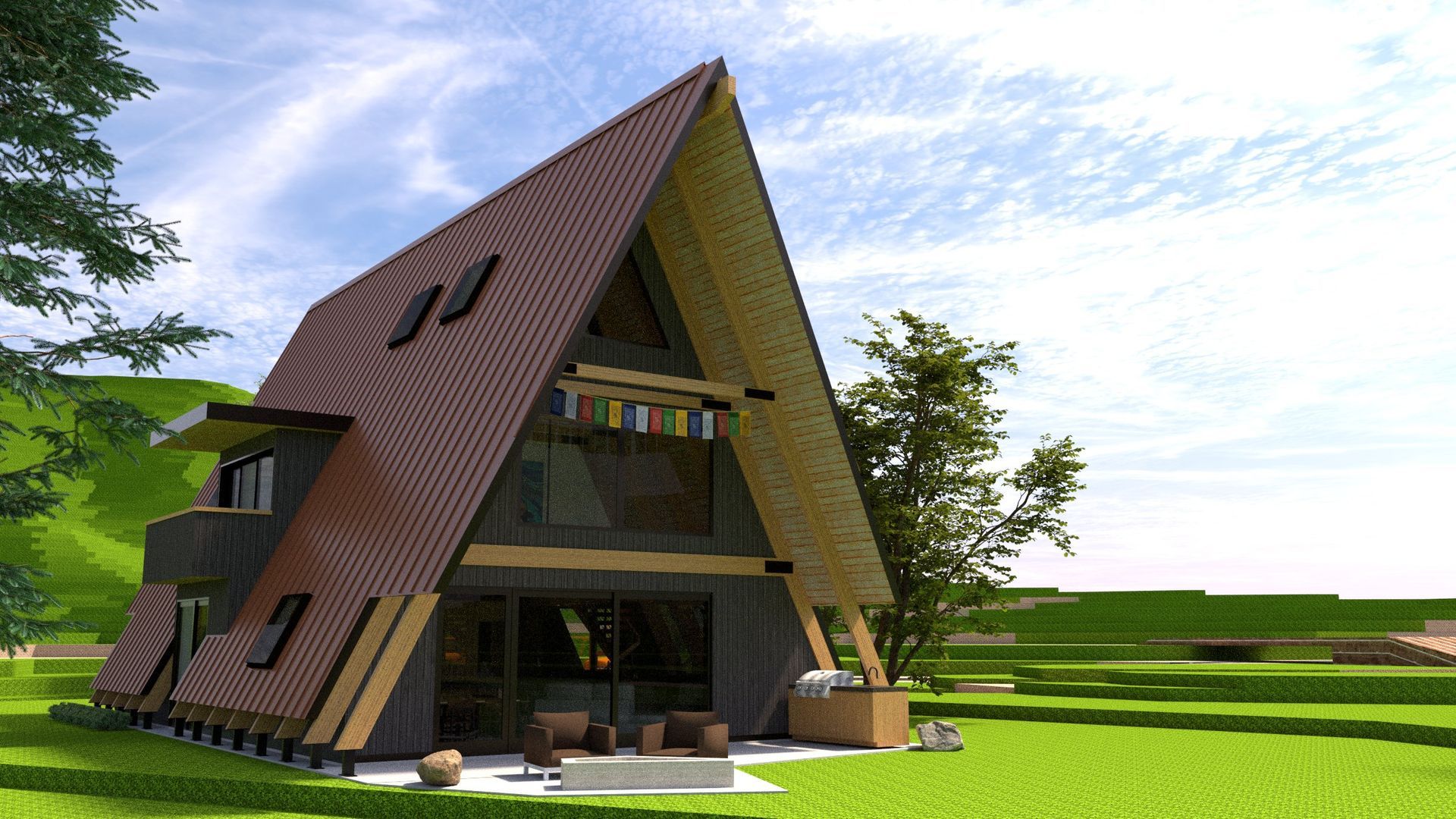 A-frame wooden house with a steep brown roof on a green lawn under a bright blue sky