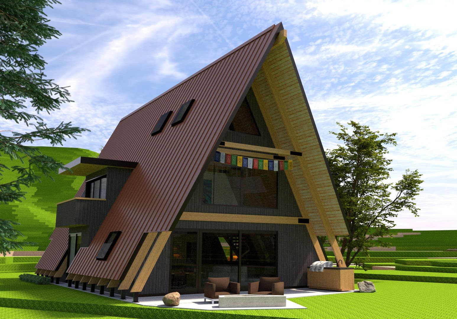 A modern A-frame house with a steep brown roof and large glass windows in a green grassy yard.