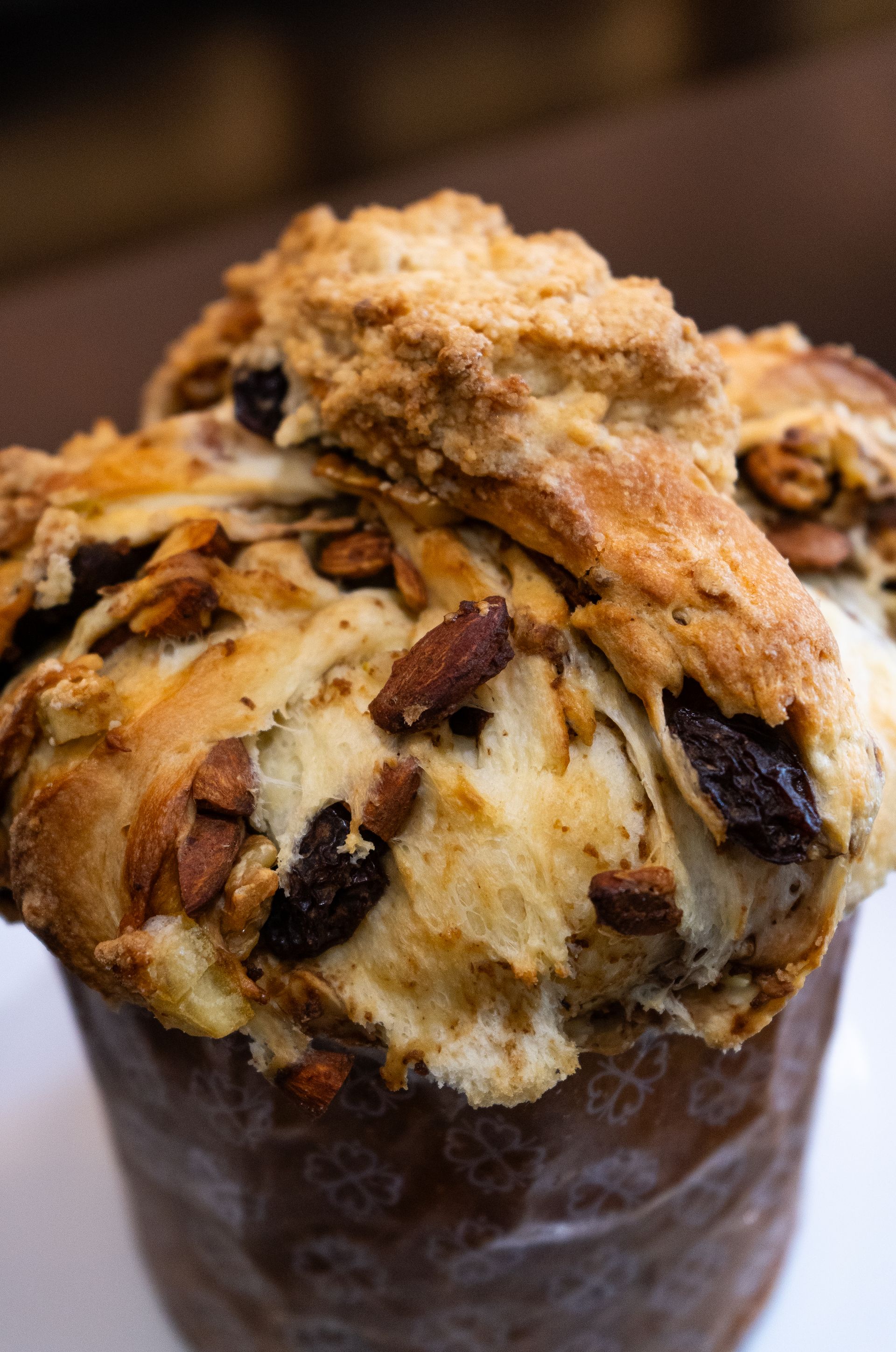 Primer plano de un panettone, un pan dulce italiano alto y con forma de cúpula, con nueces y pasas.