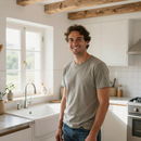 Een lachend persoon staat in een lichte keuken naast een gootsteen en een raam, gekleed in een grijs T-shirt en een spijkerbroek.