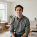Een man zit in een lichte woonkamer.