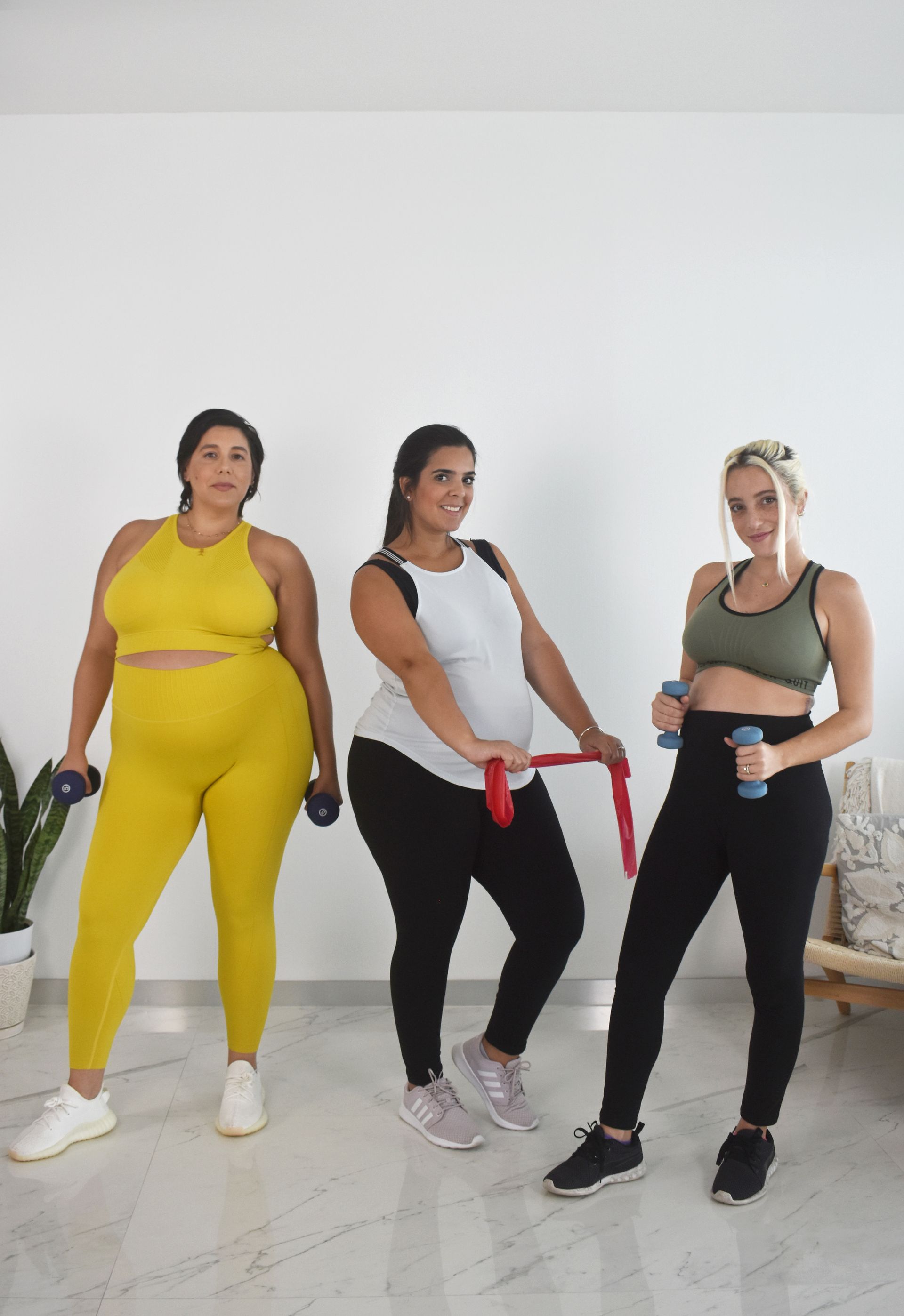 Three pregnant women are standing next to each other holding dumbbells.