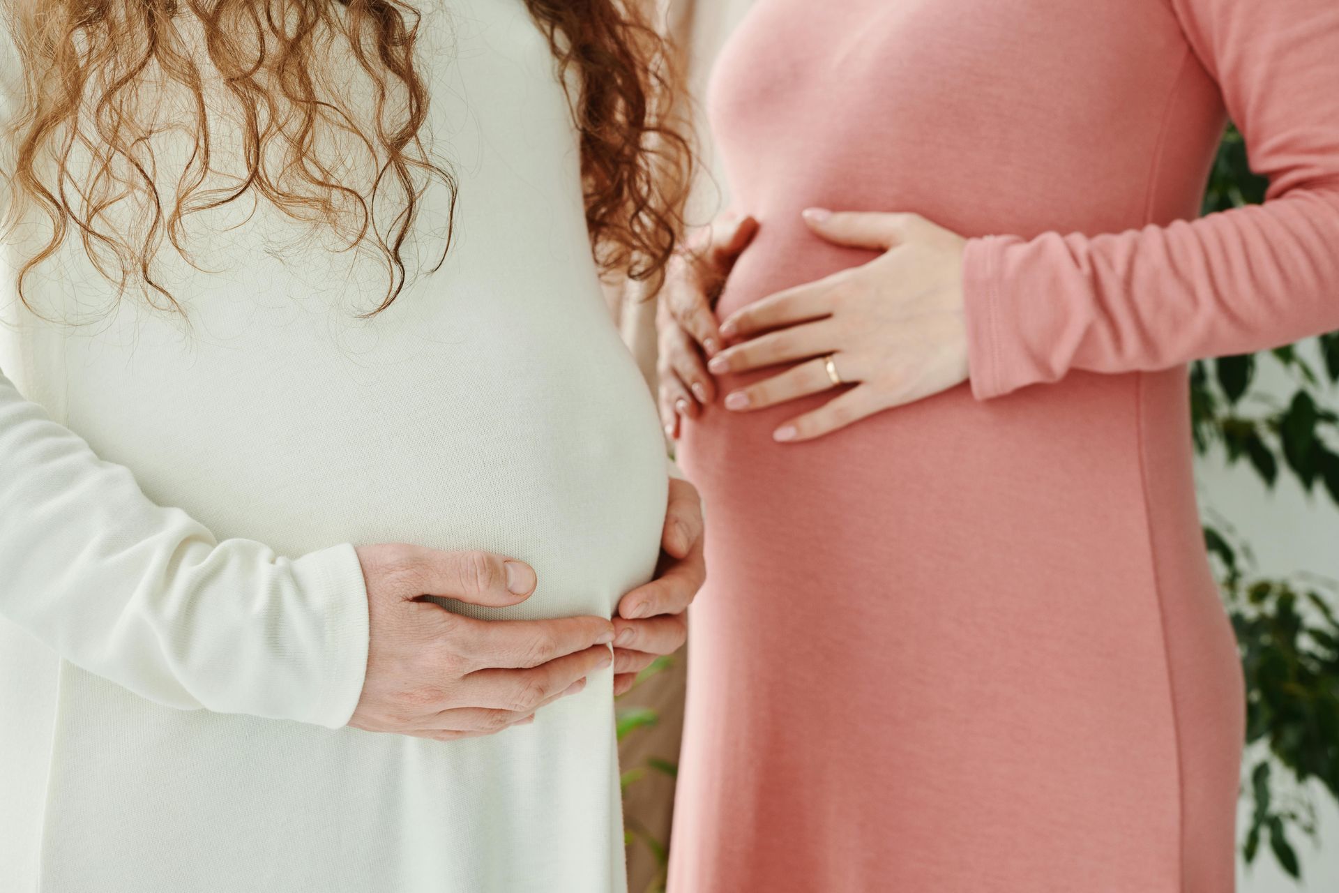 Two pregnant women are standing next to each other holding their bellies.
