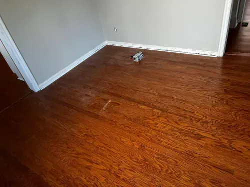 A room with hardwood floors and a gray wall.
