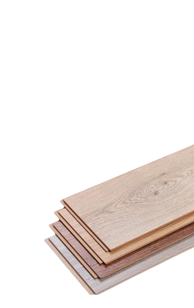 A stack of wooden flooring boards of different colors on a white background.