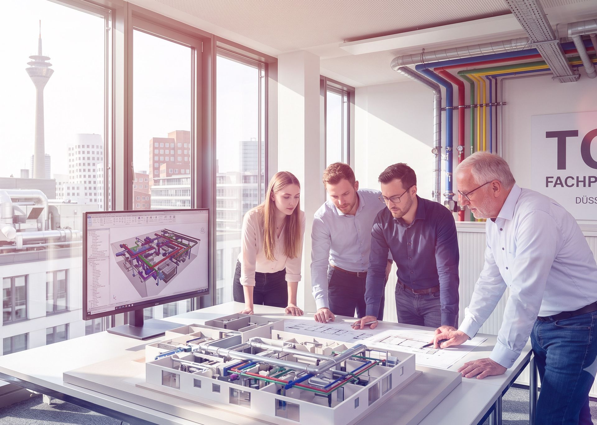 Ein Team arbeitet in einem hellen Büro mit großen Fenstern und einem Präsentationsbildschirm. Bild mit KI erstellt.