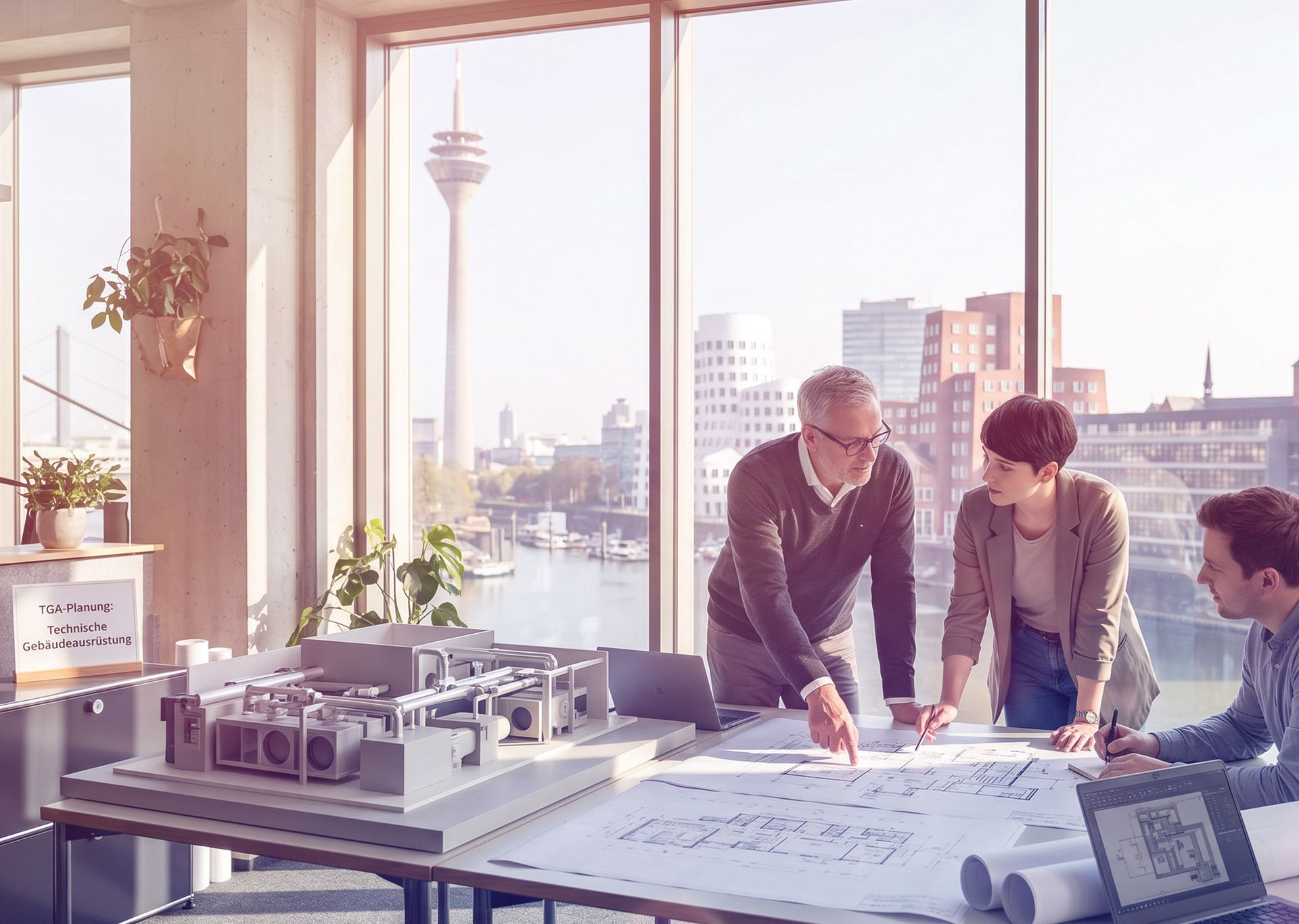 Ein Team arbeitet in einem hellen Büro mit großen Fenstern und einem Präsentationsbildschirm. Bild mit KI erstellt.