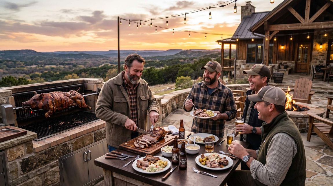 Hunters gathered at a barbecue eating hog meat