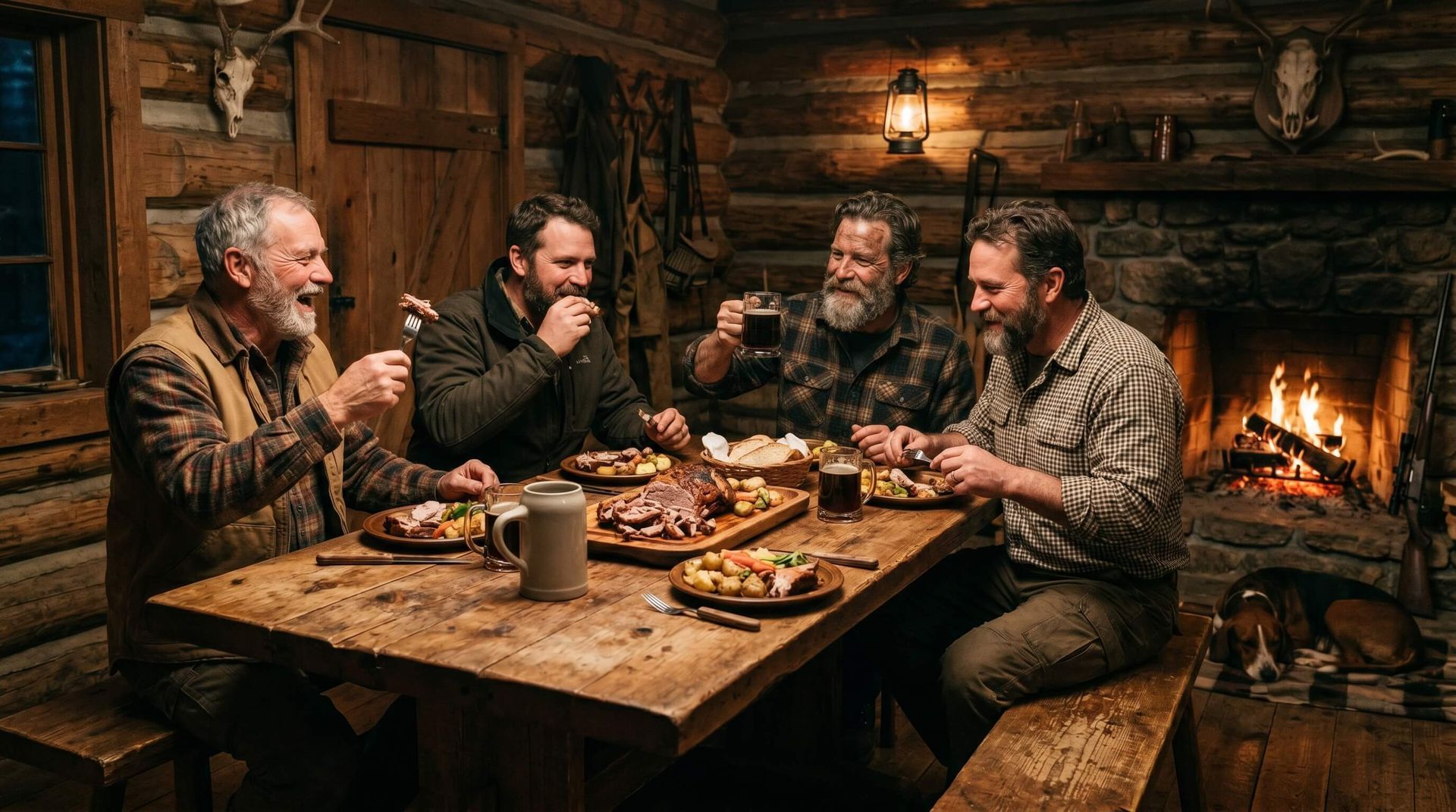 Small group of hunters enjoying the food from the hogs they killed earlier in  a cabin