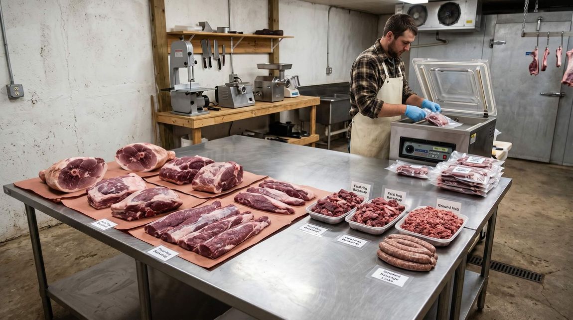 Meat being processed in a professional meat processing plant