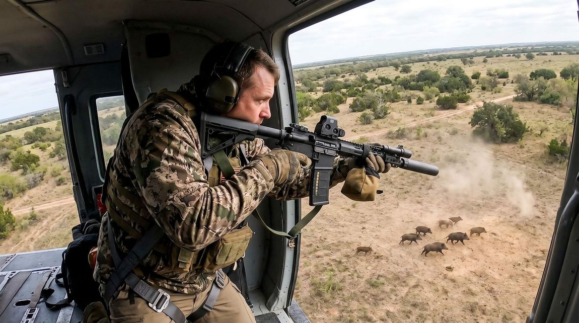 Hunter pointing gun at hogs from a helicopter