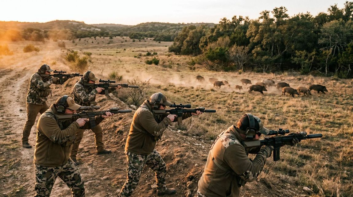 Hunters shooting at running hogs