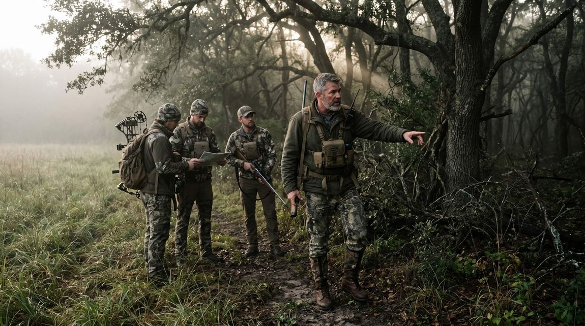Expert guide showing the way to a group of hunters in the forest