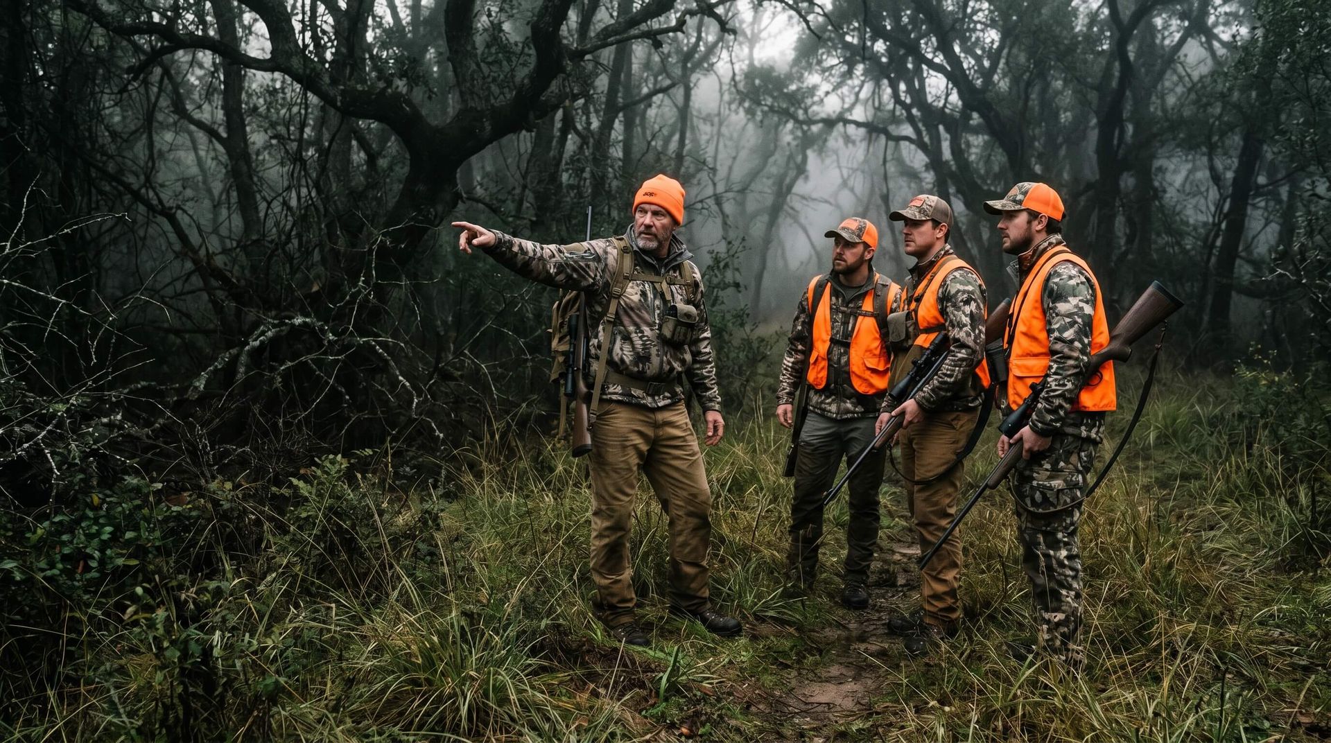 Expert guide presenting his expertise to a small group of fellow hunters