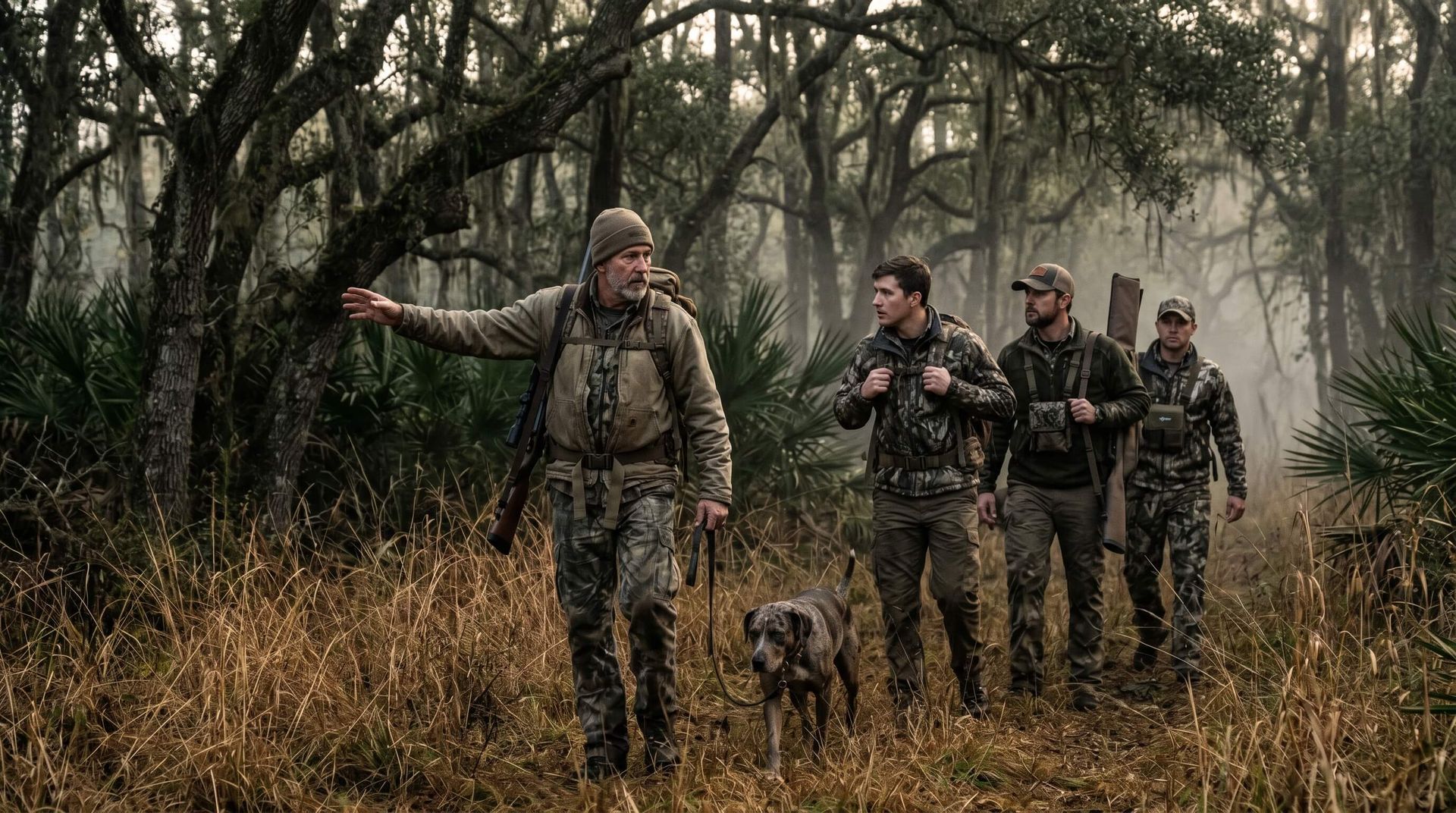 Expert guide guiding a small group of hunters with his dog