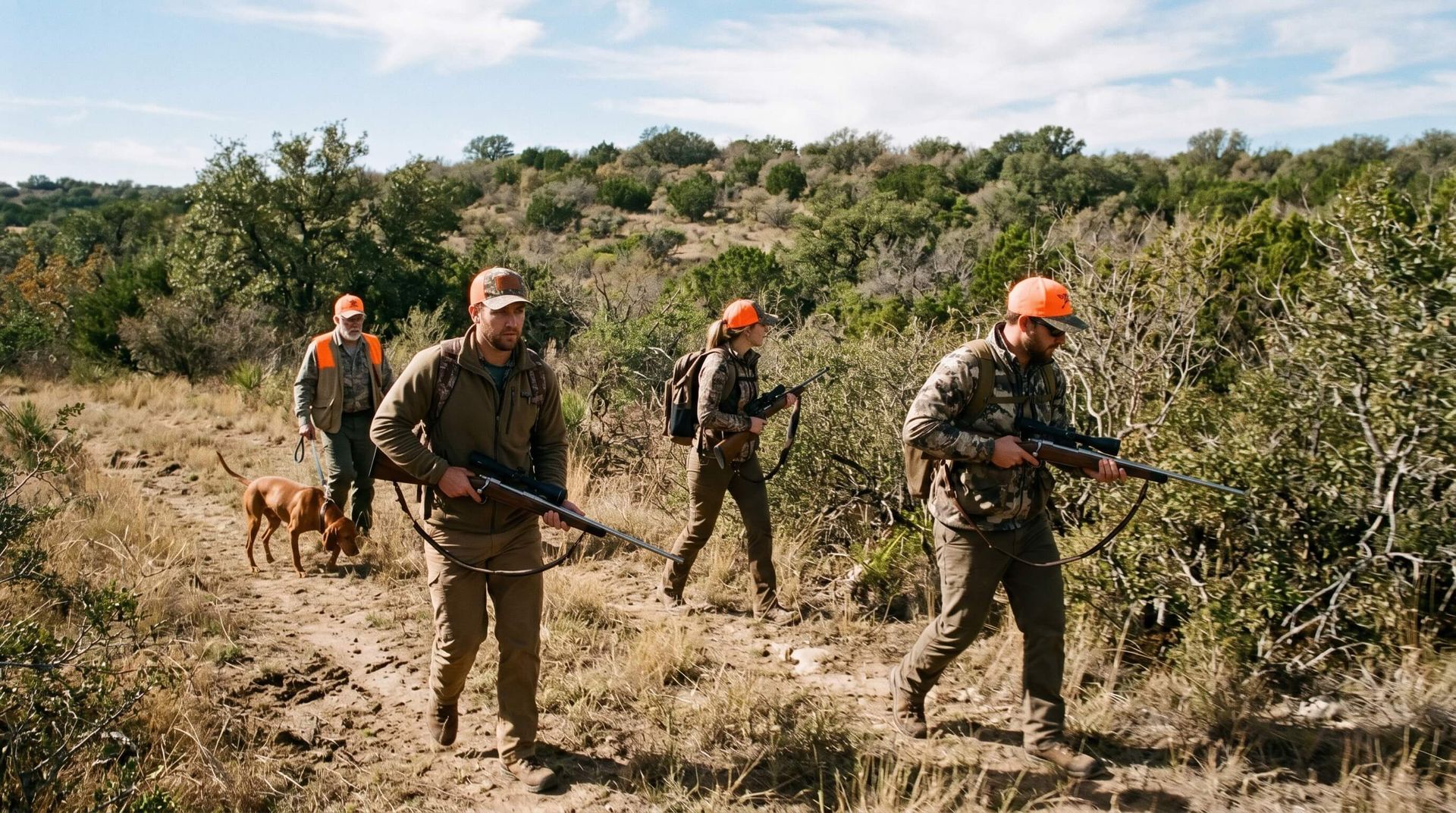 Small group of hunters with a dog hunting for hogs during the day