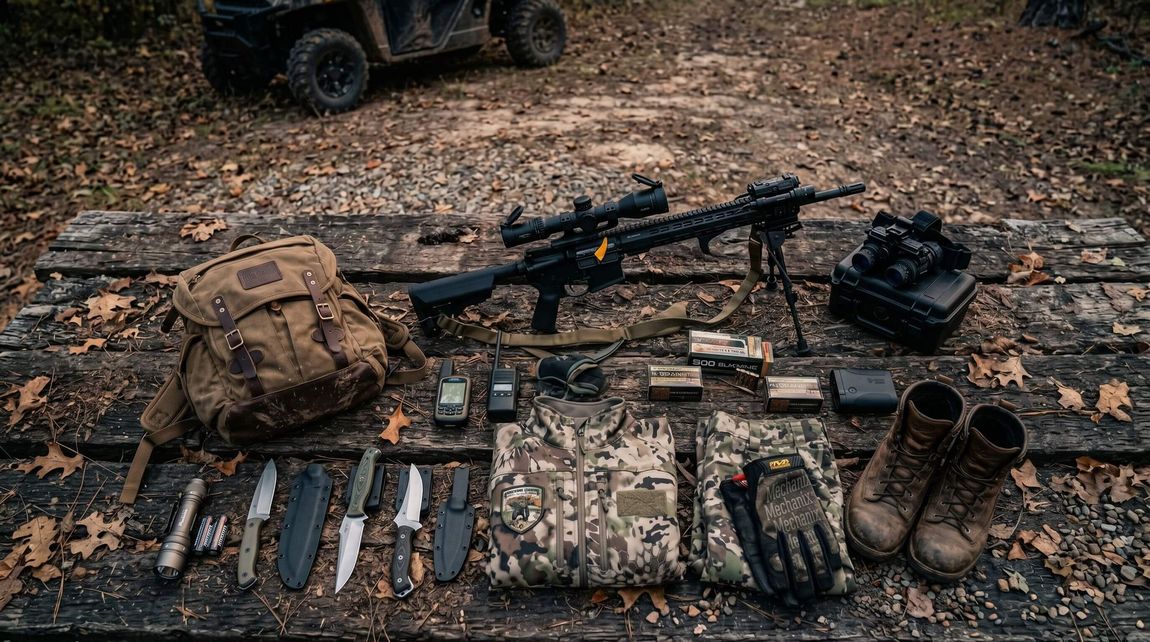 Weapons & gear needed for hog hunting organized on the ground