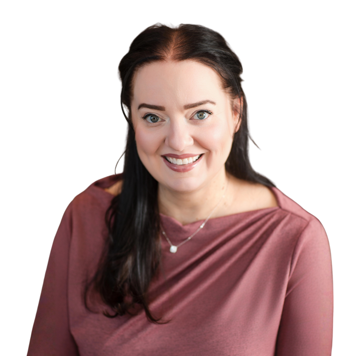A woman with long brown hair is smiling for the camera