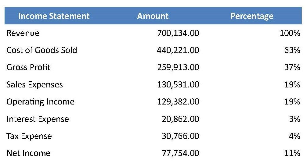 A table showing income statement amount and percentage