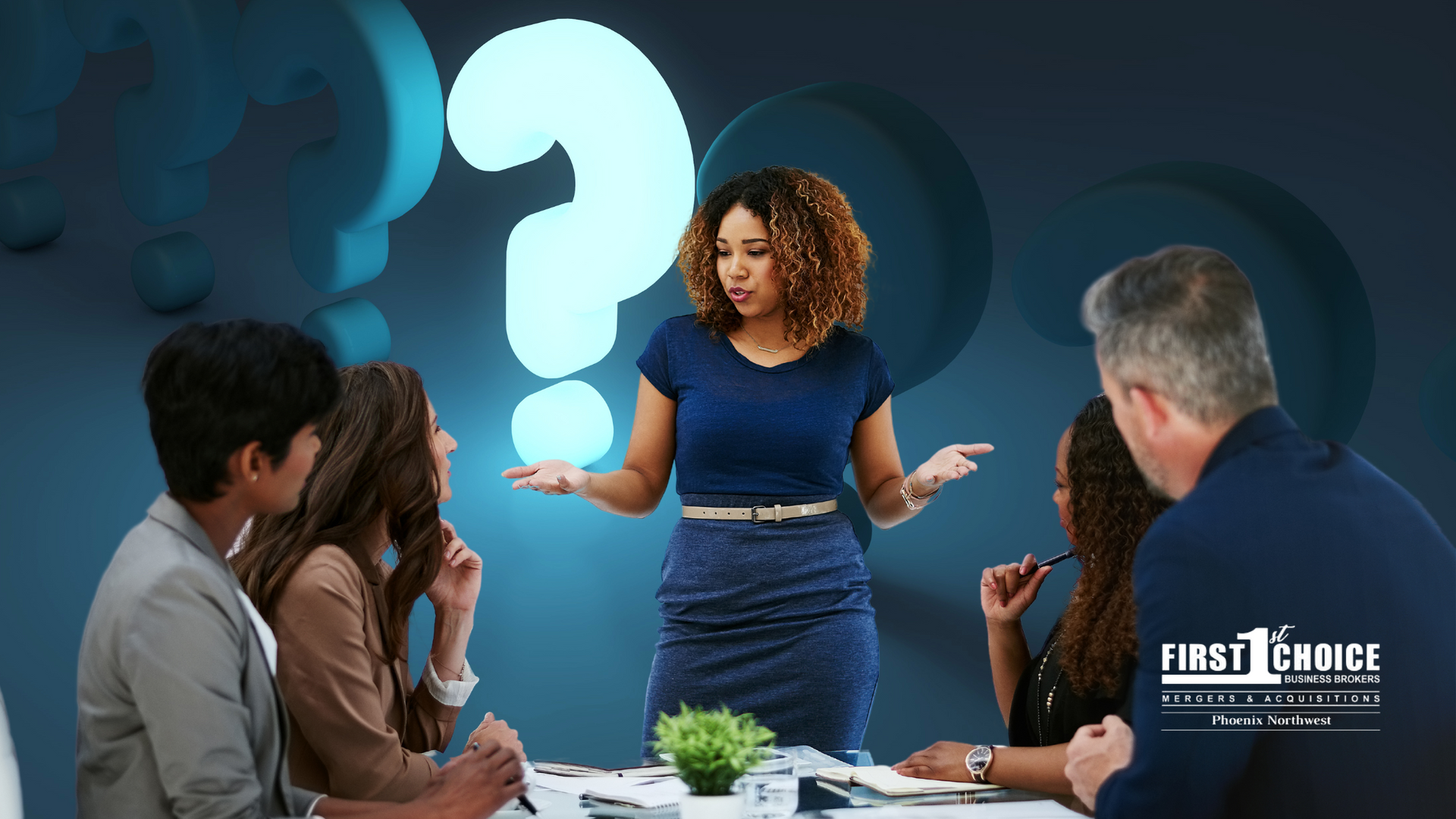 A woman is standing in front of a group of people with a question mark above her head.