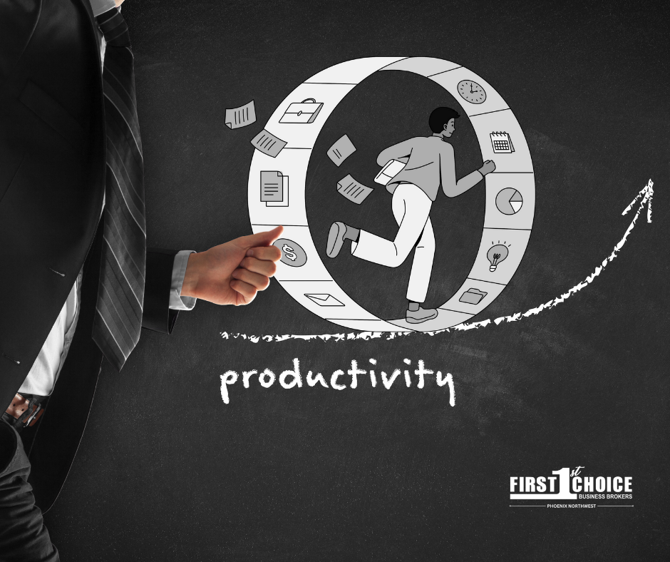 A man in a suit is pointing at a drawing of a man running in a hamster wheel.