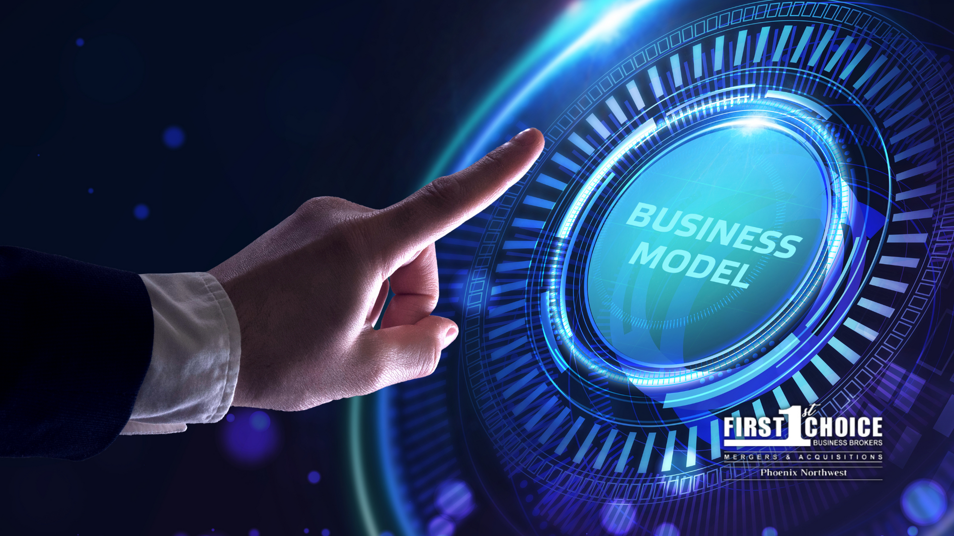 A person is pointing at a business model button on a screen.