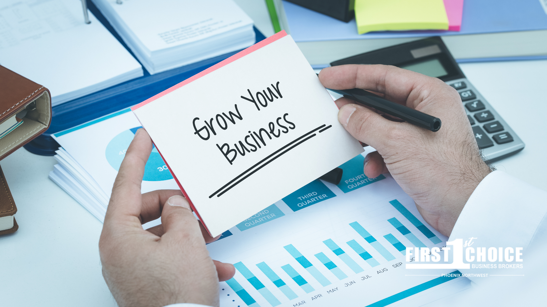 A person is holding a note that says `` grow your business ''.