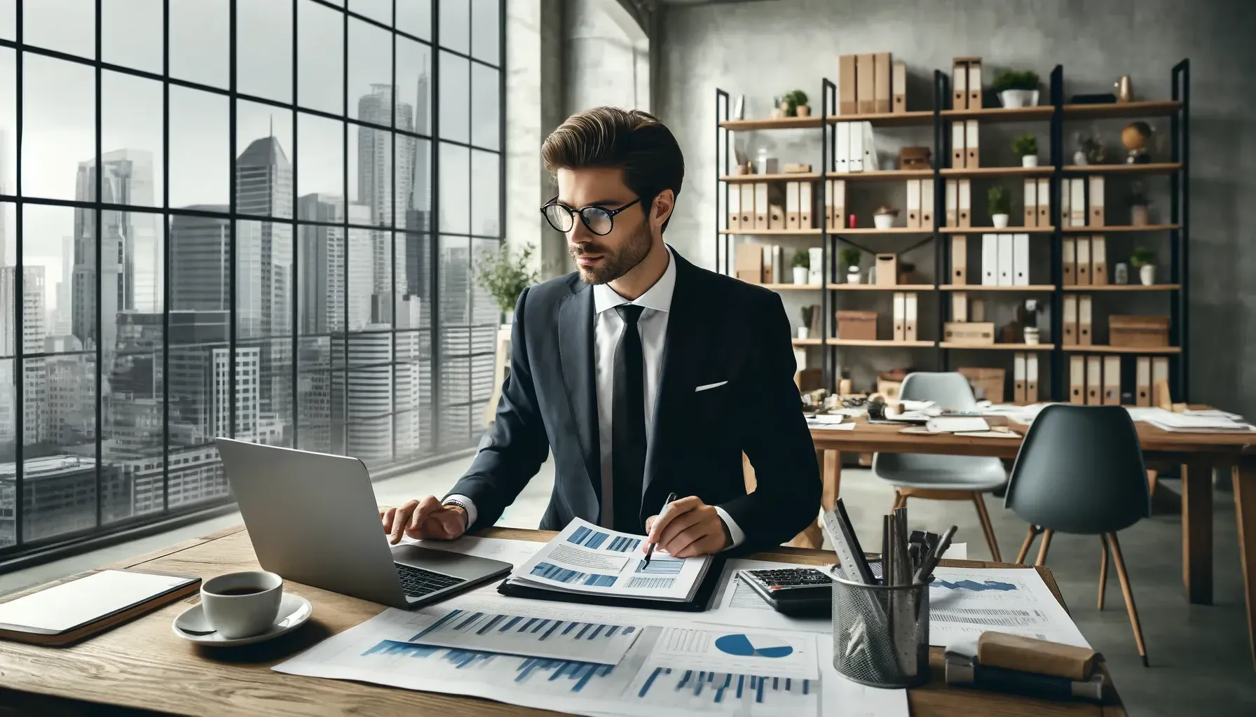 A man in a suit and tie is sitting at a desk using a laptop computer.