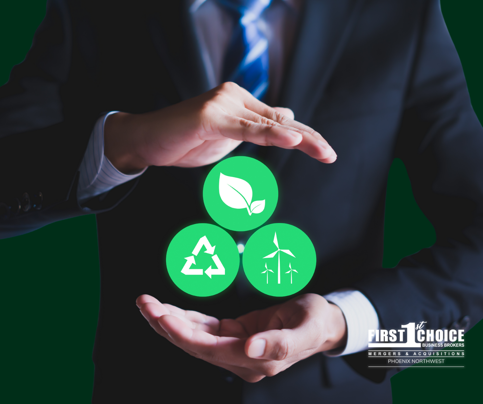 A man in a suit and tie is holding three green icons in his hands.
