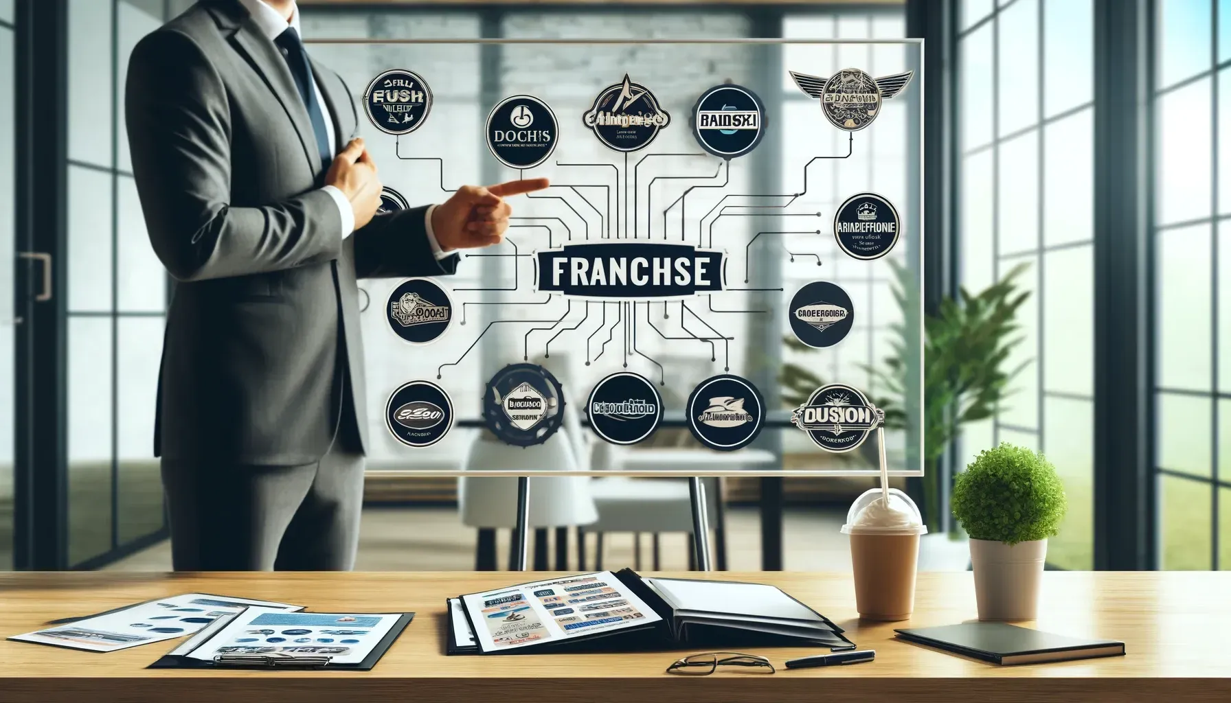 A man in a suit and tie is pointing at a screen that says franchise.