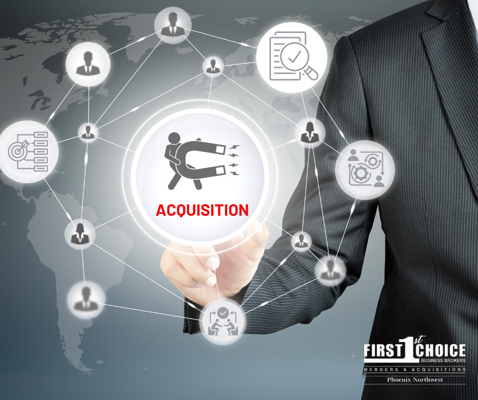 A man in a suit is pressing a button on a screen that says acquisition.