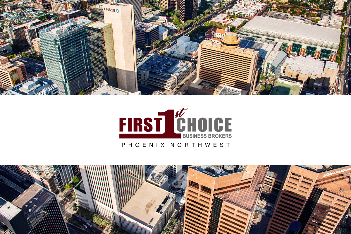 An aerial view of a city with a first choice logo on the bottom.