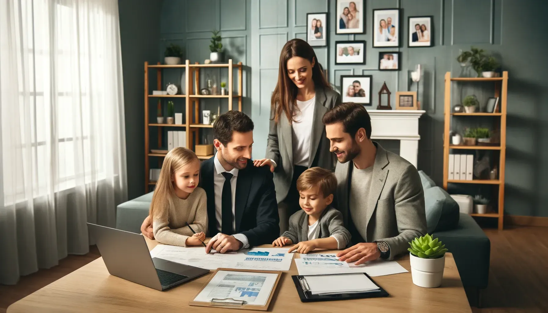 A family is sitting at a table in front of a laptop computer.