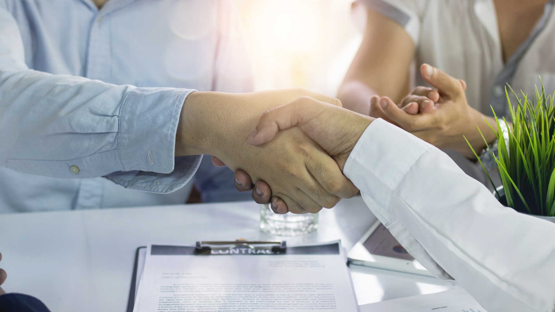 Two people shaking hands at a table, likely in an office, with documents and a plant visible.