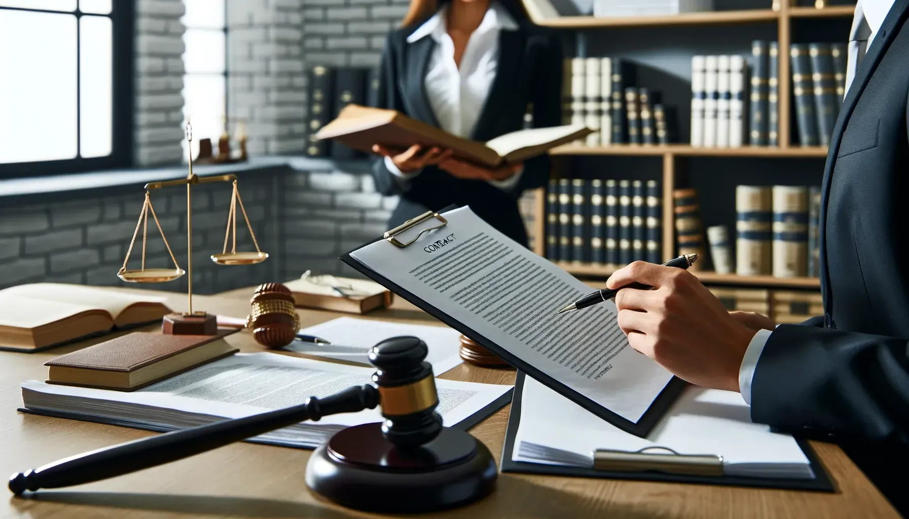 A man is sitting at a desk with a clipboard and a judge 's gavel.