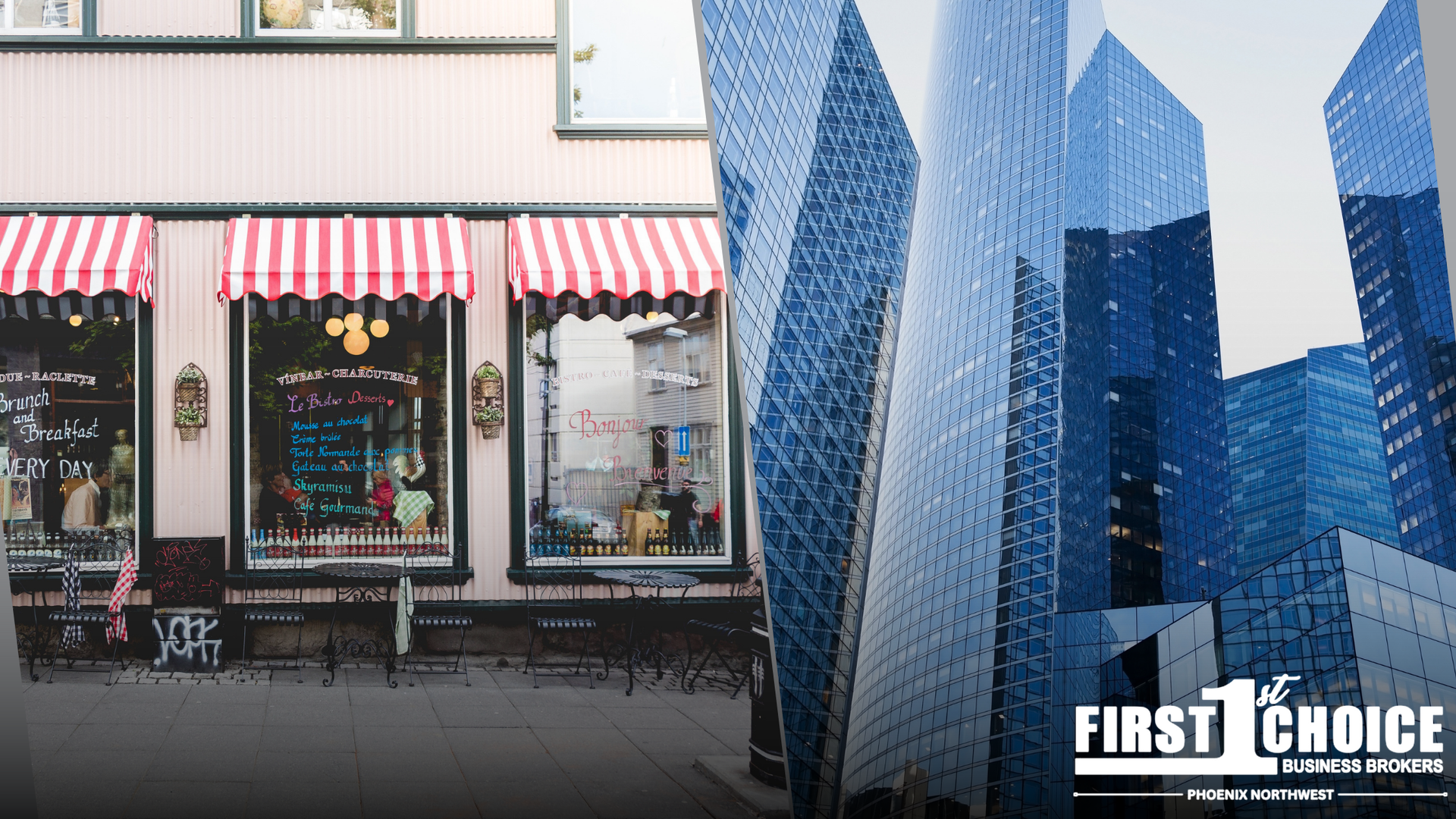 A picture of a store with a striped awning next to a picture of a city skyline.