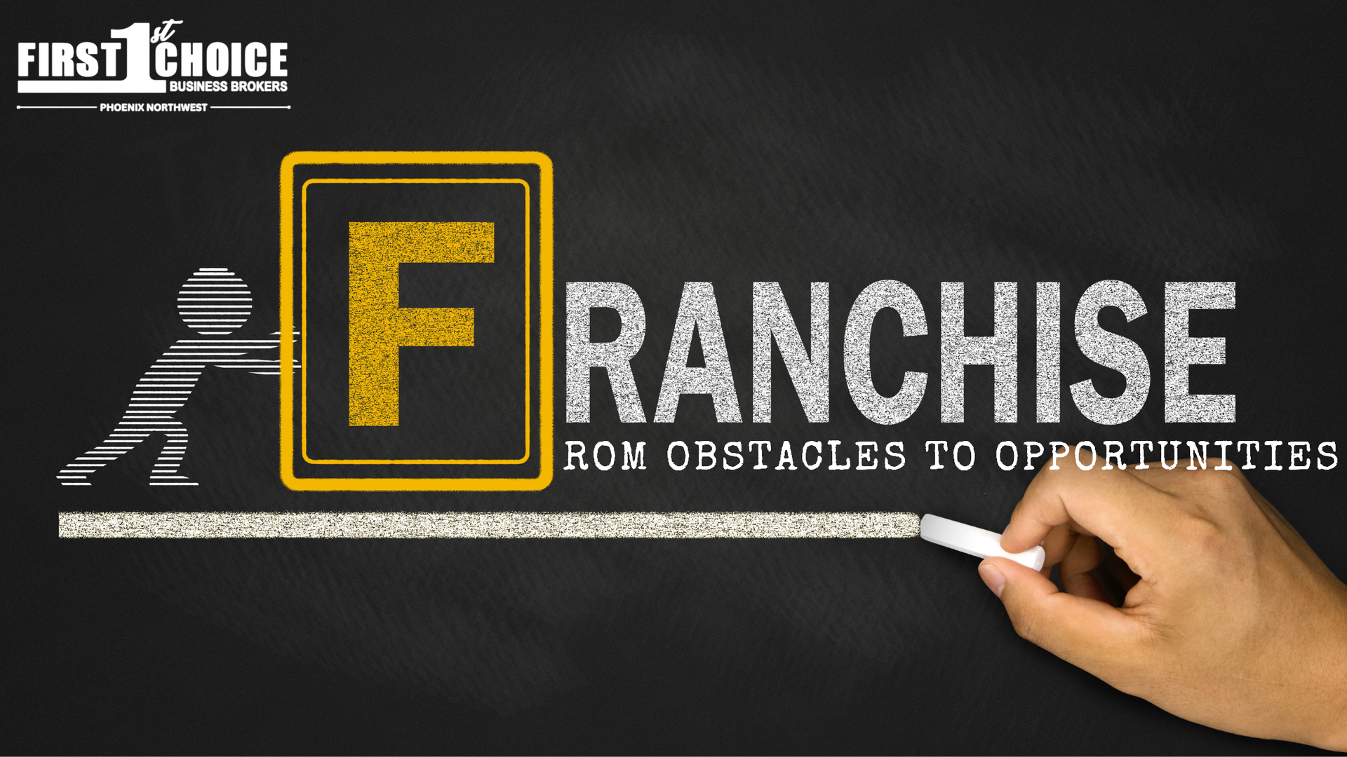 A person is writing the word franchise on a blackboard