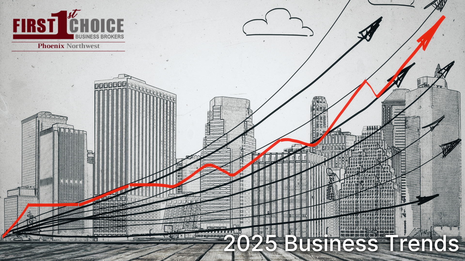A black and white drawing of a city with the words first choice 2025 business trends