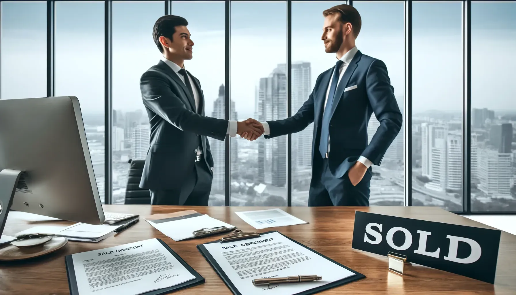 Two men are shaking hands in front of a sold sign.